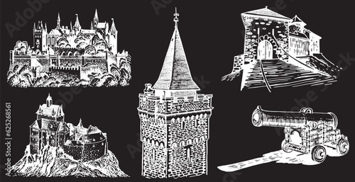 Graphical set of  fortresses and medieval gun isolated on black background. Vector engraved illustration, architecture