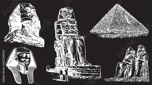 Graphical set of Egypt landmarks on black, vector engraved illustration. 