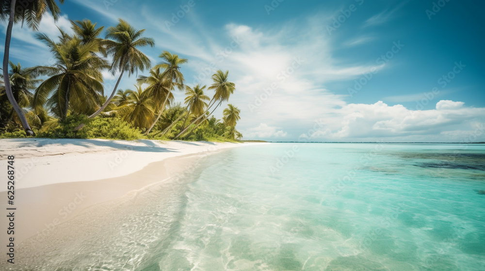 Fototapeta premium Tropical beach with turquoise water, white sand, and palm trees. AI Generated