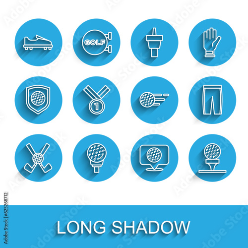 Set line Crossed golf club with ball, Golf on tee, shoe, label, Medal, pants and icon. Vector