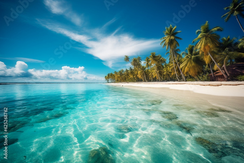 Tropical beach  with turquoise water  white sand  and palm trees. AI Generated