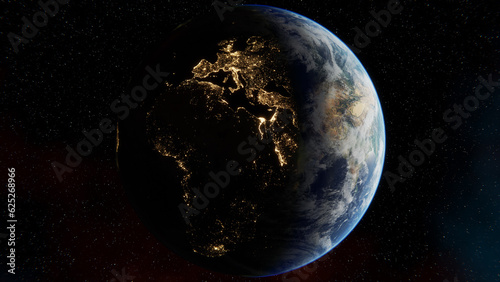 Fototapeta Naklejka Na Ścianę i Meble -  Earth view from space. Day and night cycle. Europe, Africa and Middle East. Night lights from space. 4K illustration realistic atmosphere. Clouds from space.