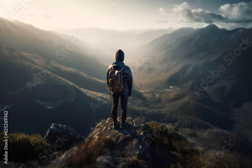 a person standing at the top of a mountain, looking out at the stunning view. Generative AI....