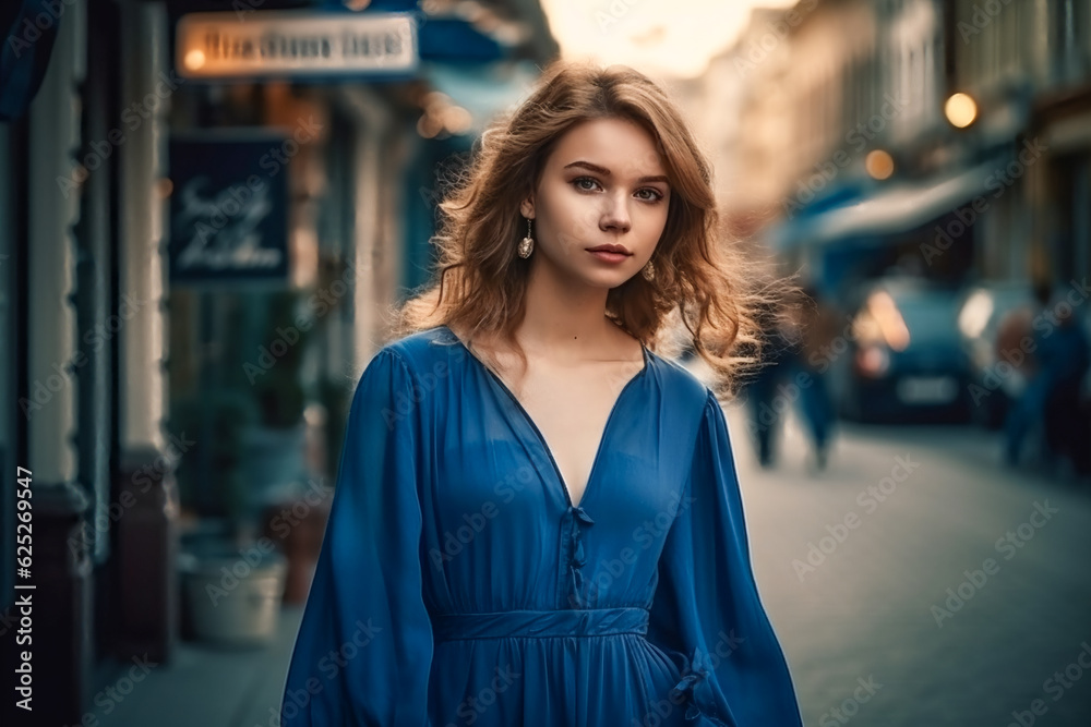 young beautiful caucasian woman in blue dress walking in city center. AI Generated young beautiful caucasian woman in blue dress walking in city center. AI Generated