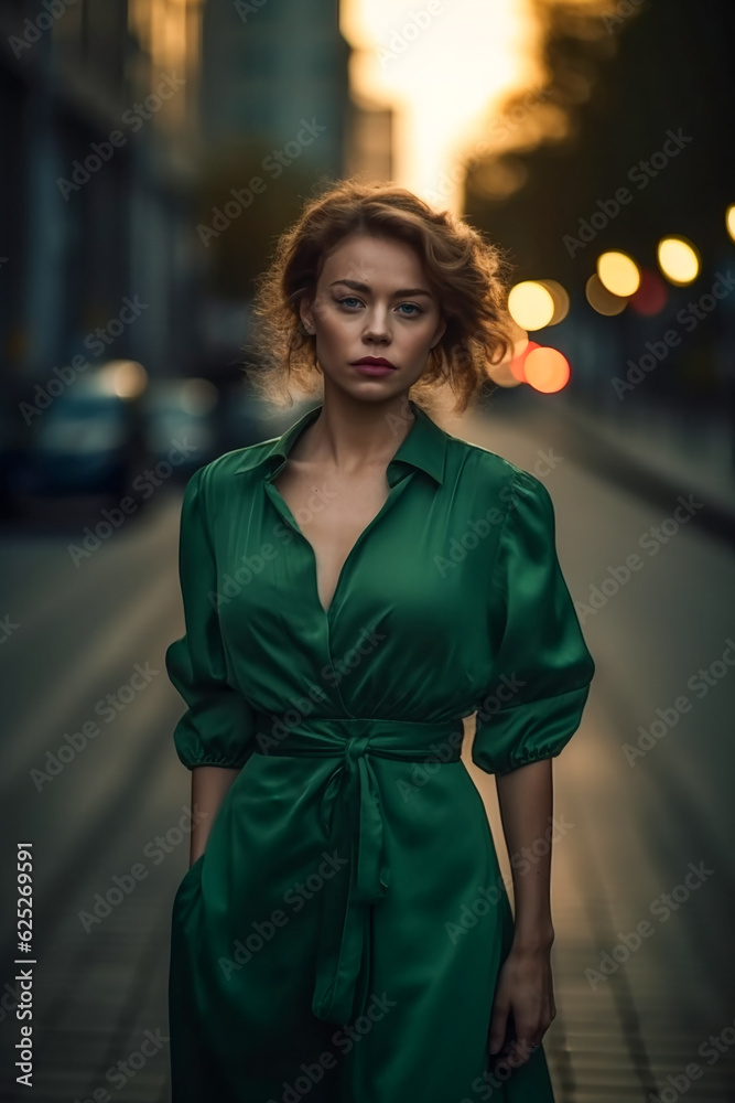 young beautiful caucasian woman in green dress walking in city center. AI Generated young beautiful caucasian woman in green dress walking in city center. AI Generated