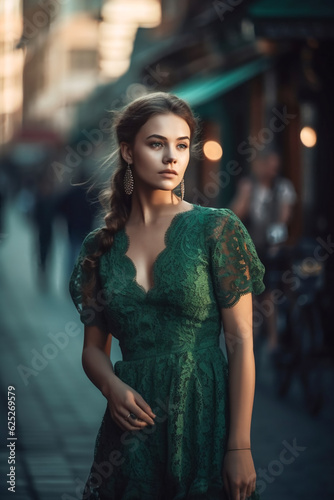 young beautiful caucasian woman in green dress walking in city center. AI Generated
