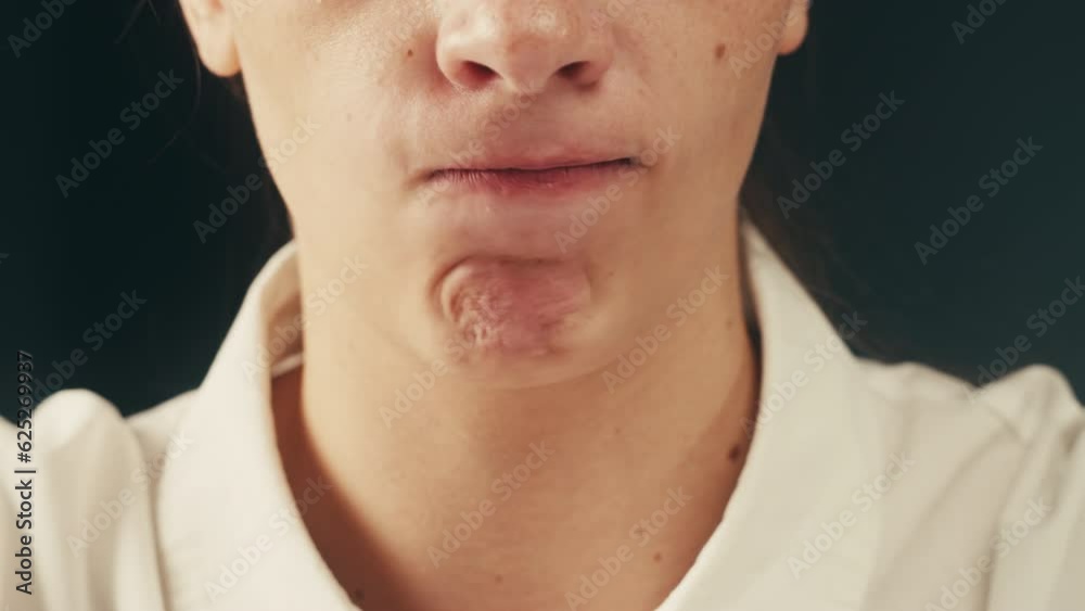 Woman bites her lips. Nervous tic. Obsessive-compulsive disorders. Patient of a psychiatric clinic biting lips, scratch face, biting nails, eye twitching. Close up, macro. Woman bites her lips. Nervous tic. Obsessive-compulsive disorders. Patient of a psychiatric clinic biting lips, scratch face, biting nails, eye twitching. Close up, macro.