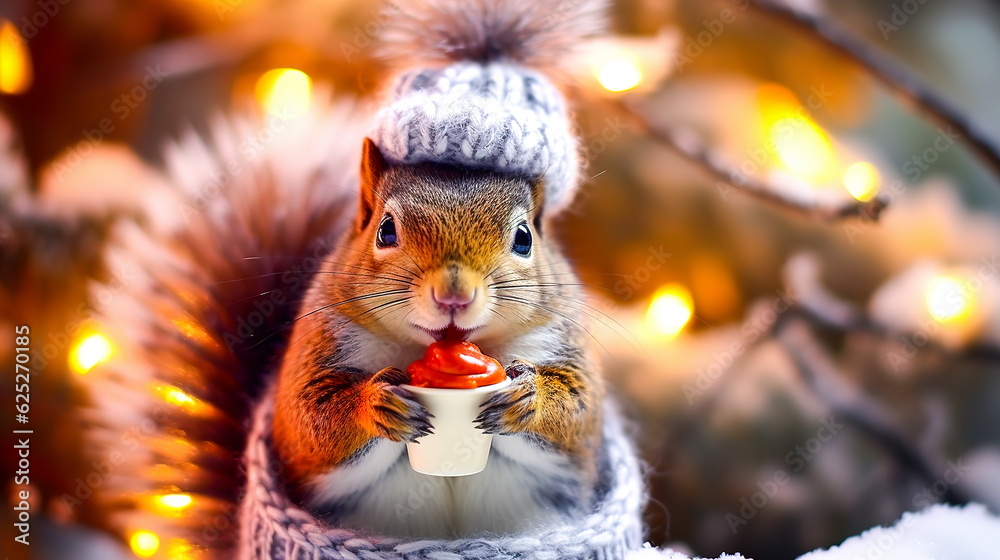 A cheerful cute squirrel in a knitted hat drinks cocoa from a cup against the background of a winter forest with fir trees, snow and colorful lights. Postcard for the New Year holidays.Generative AI A cheerful cute squirrel in a knitted hat drinks cocoa from a cup against the background of a winter forest with fir trees, snow and colorful lights. Postcard for the New Year holidays.Generative AI