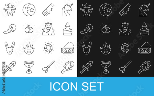 Set line Magic hand mirror, Ticket, Bottle with potion, Hand saw, Poison apple, Psilocybin mushroom, Voodoo doll and Vampire icon. Vector