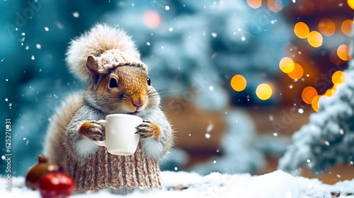 A cheerful cute squirrel in a knitted hat drinks cocoa from a cup against the background of a winter forest with fir trees, snow and colorful lights. Postcard for the New Year holidays.Generative AI