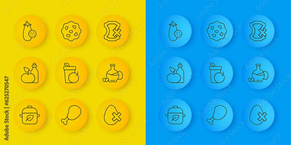 Set line Vegan food diet, Apple cider vinegar in bottle, Fresh smoothie, No egg, Bottle of olive oil, Eggplant, leather and Cookie or biscuit icon. Vector Set line Vegan food diet, Apple cider vinegar in bottle, Fresh smoothie, No egg, Bottle of olive oil, Eggplant, leather and Cookie or biscuit icon. Vector
