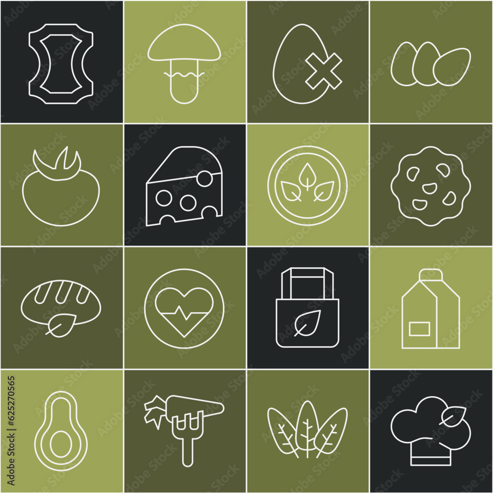 Set line Vegan food diet, Paper package for milk, Cookie biscuit, No egg, Cheese, Tomato, Leather and icon. Vector Set line Vegan food diet, Paper package for milk, Cookie biscuit, No egg, Cheese, Tomato, Leather and icon. Vector