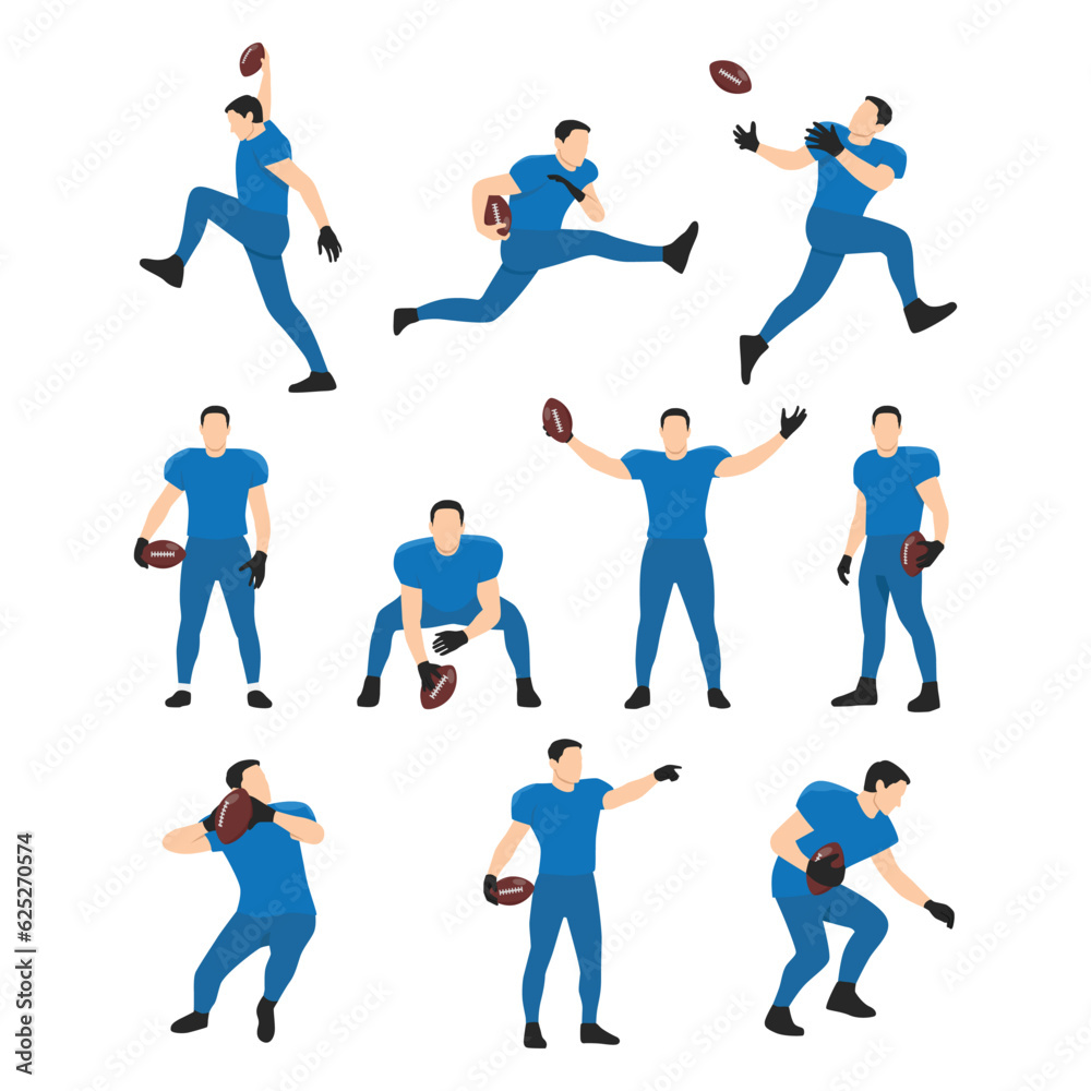 Collection of American Football Players, Male Athlete Characters in Blue Sports Uniform and Protective Helmets. Flat vector illustration isolated on white background