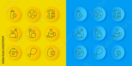 Set line Vegan food diet, Apple cider vinegar in bottle, Fresh smoothie, No egg, Bottle of olive oil, Eggplant, leather and Cookie or biscuit icon. Vector
