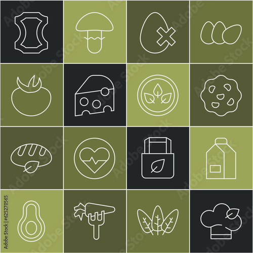 Set line Vegan food diet, Paper package for milk, Cookie biscuit, No egg, Cheese, Tomato, Leather and icon. Vector