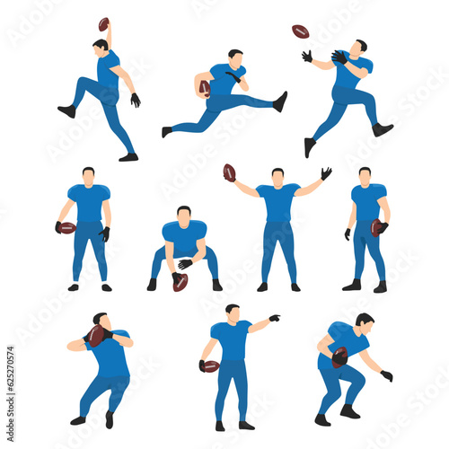 Collection of American Football Players  Male Athlete Characters in Blue Sports Uniform and Protective Helmets. Flat vector illustration isolated on white background
