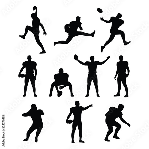 Collection of American Football Players, Male Athlete Characters in Blue Sports Uniform and Protective Helmets. Flat vector illustration isolated on white background