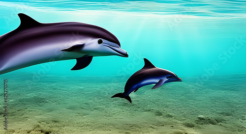 Illustration of two dolphins in the sea. AI generated © Alicina