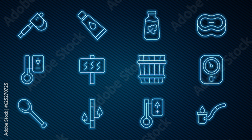 Set line Sauna ladle, thermometer, Essential oil bottle, Wooden axe, bucket and Cream or lotion cosmetic tube icon. Vector