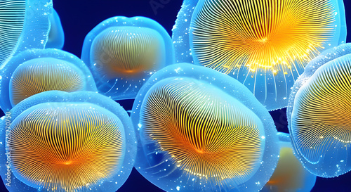 Illustration of a glowing sea jellyfishes underwater created with AI generator © Alicina