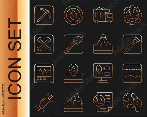 Set line Global planet with bulb, Soil ground layers, Paint brush, Mining dump truck, Shovel, Archeology, Pickaxe and Volcano icon. Vector