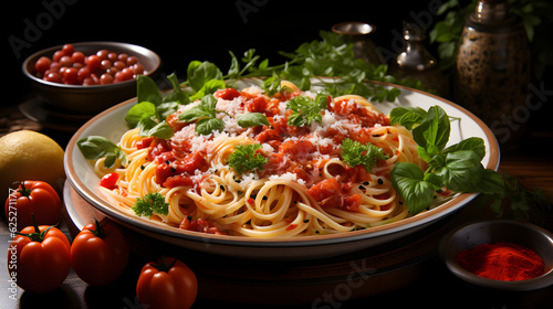 spaghetti with amatriciana sauce in the dish on the wooden table Generative AI