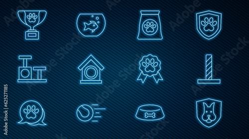 Set line Animal health insurance, Cat scratching post with toy, Bag of food for pet, Dog house, Pet award symbol, and Aquarium fish icon. Vector
