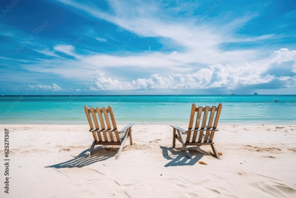 Beautiful ocean and beach background, two lounges, AI Generated