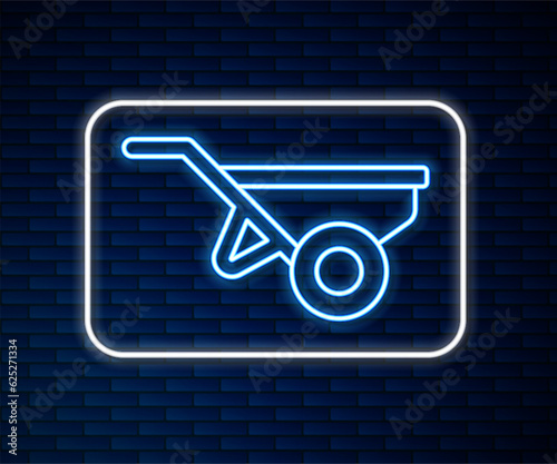 Glowing neon line Wheelbarrow with dirt icon isolated on brick wall background. Tool equipment. Agriculture cart wheel farm. Vector