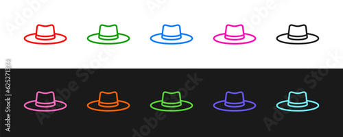 Set line Gardener, farmer or agricultural worker hat icon isolated on black and white background. Vector