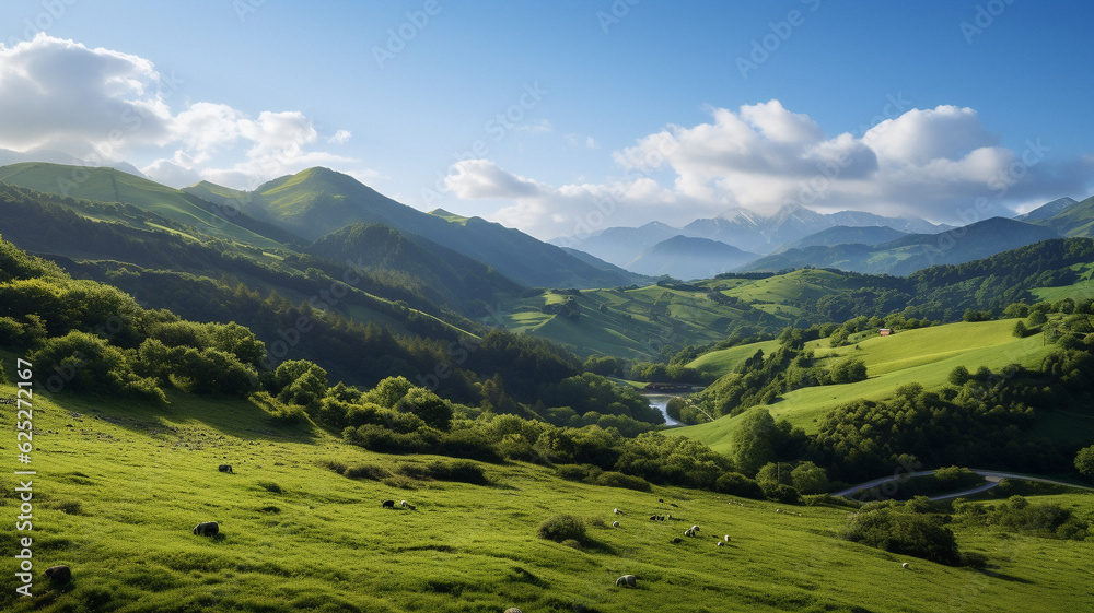 Green plains themed scenery background, created with generative AI technology Green plains themed scenery background, created with generative AI technology