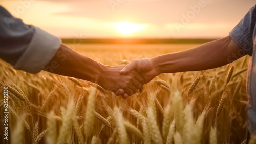 Two farmer standing in a wheat field and shake hands on sunset. Thanks for teamwork of farmers in agribusiness. Agronomists in work.

