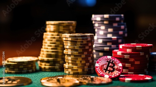 Online Betting, Blockchain gambling, bitcoin casino chips on table, Cryptocurrency gambling concept
