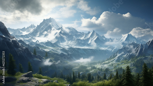 A mountains scenery background, created with generative AI technology © Ruben Chase