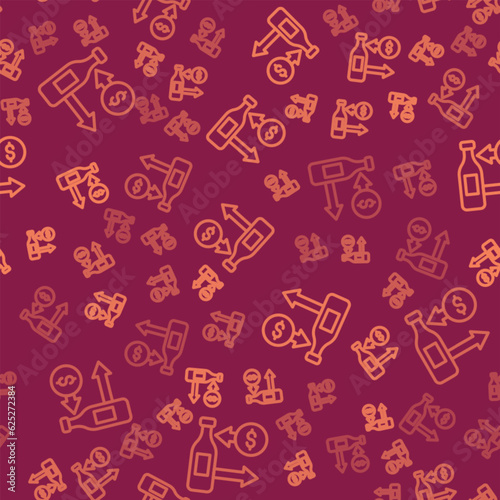 Brown line Reception and sale of glass bottles icon isolated seamless pattern on red background. Vector