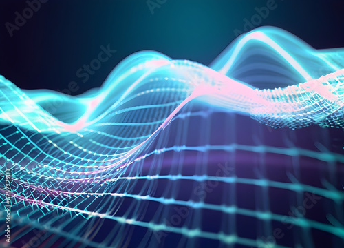 Cyber big data flow. Blockchain data fields. Network line connect stream. Concept of AI technology, digital communication, science research, 3D illustration music waves - ai generative © MDMAJARUL
