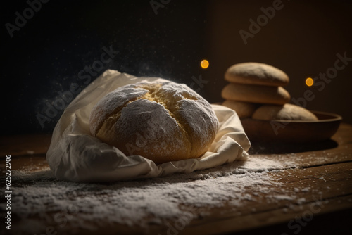 beautiful italian bread under a wooden table, generative AI