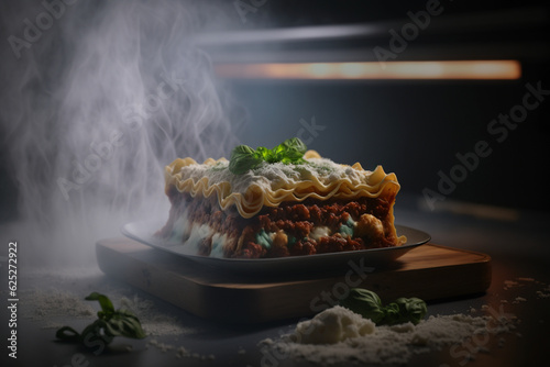 piece of lasagna on plate ready to eat, generative AI