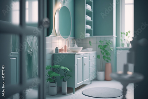 cozy bathroom with modern decorations, plants and light blur, generative AI