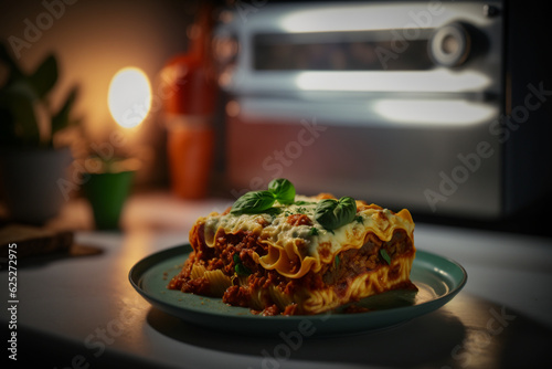 piece of lasagna on a green plate ready to eat, generative AI