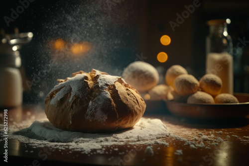 italian bread under a wooden table, generative AI