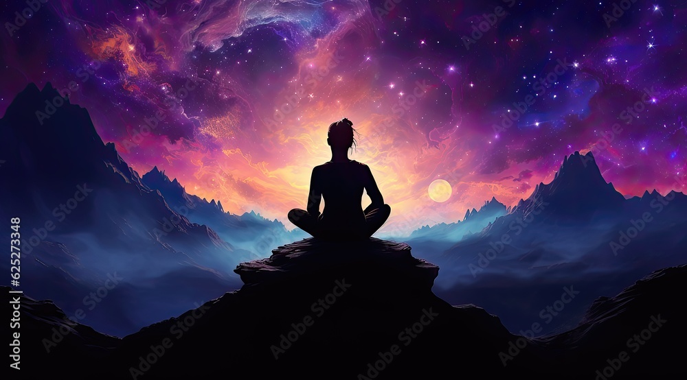 Woman meditating in lotus position on the edge of a mountain