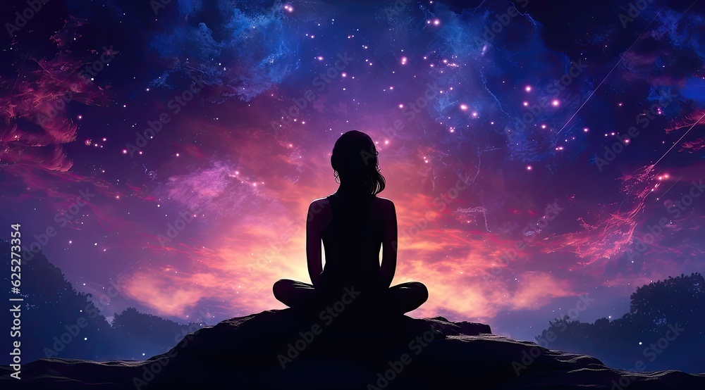 Young woman meditating in lotus pose against space background with stars