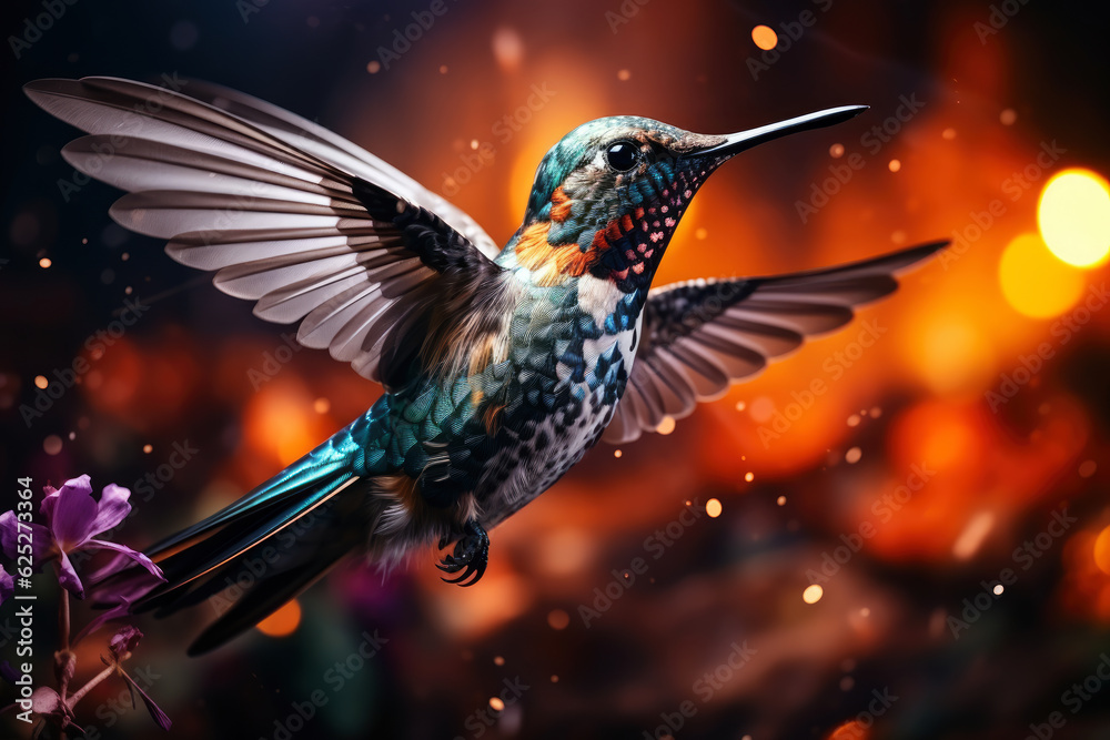 Obraz premium Colorful hummingbird on a bright multicolored background, nature wallpaper with colibri bird, AI Generated