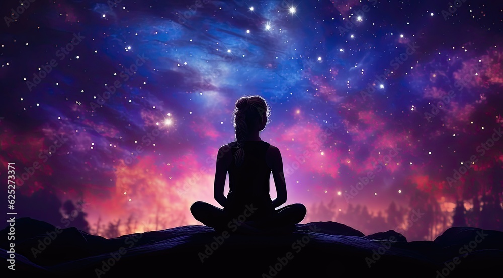 Young woman meditating in lotus pose with starry sky background