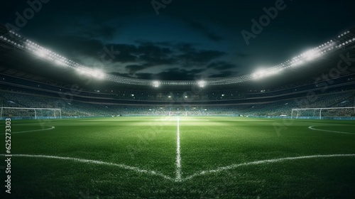 Soccer stadium illuminated by spotlights, Generative AI. © Dhiman