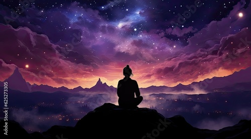Woman meditating in lotus position on top of mountain with starry sky background