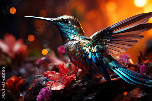 Colorful hummingbird on a bright multicolored background, nature wallpaper with colibri bird, AI Generated