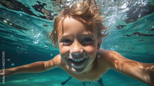 Happy kid have fun in swimming pool. swimming underwater. Funny child swim, dive in pool jump deep down underwater from poolside. Generative AI © piai