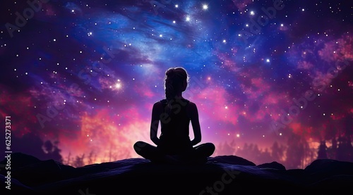Young woman meditating in lotus pose with starry sky background © lebanmax